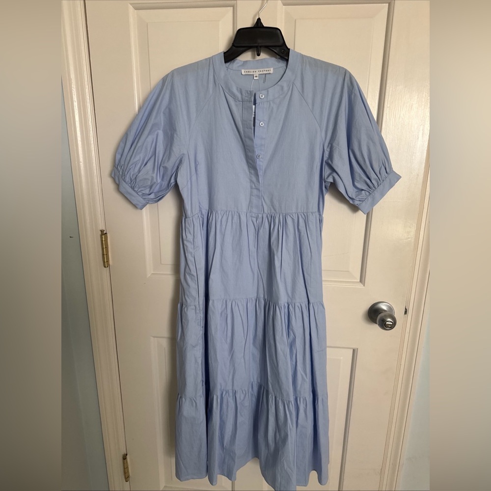 English Factory Lt blue Button-placket midi dress, puffed sleeve, NWT tiered, XS